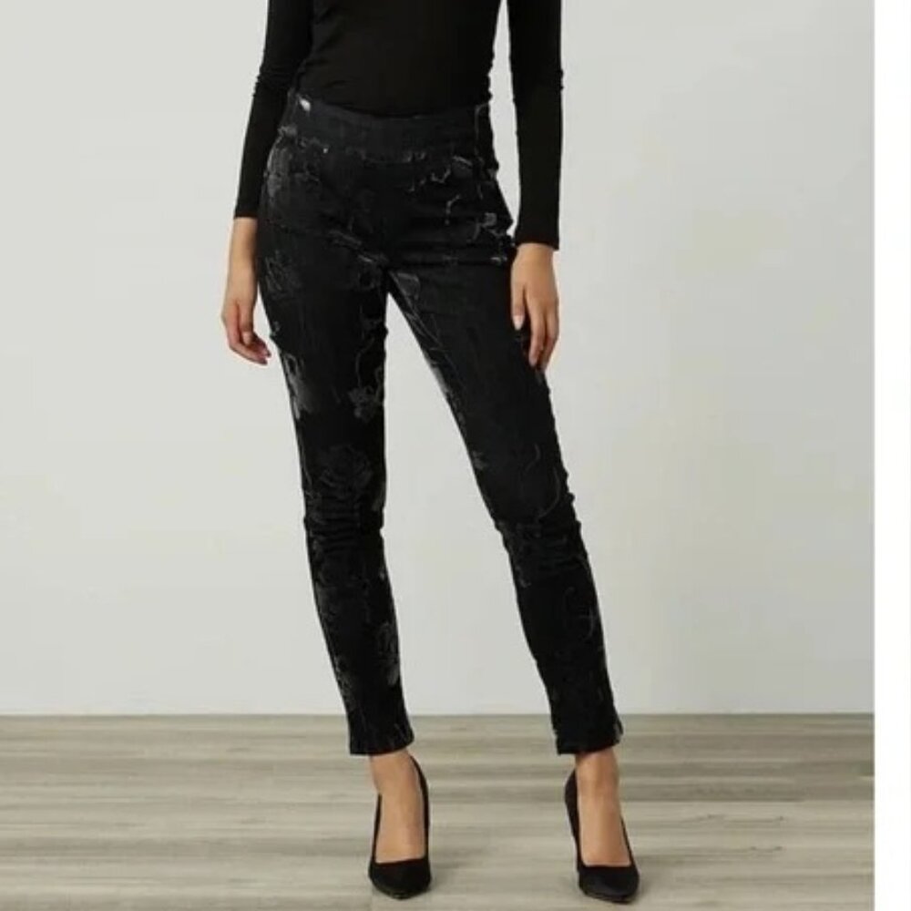 Joseph Ribkoff Floral Flocked Velvet Jeans 10 Slim Fit High Rise Waist Ankle